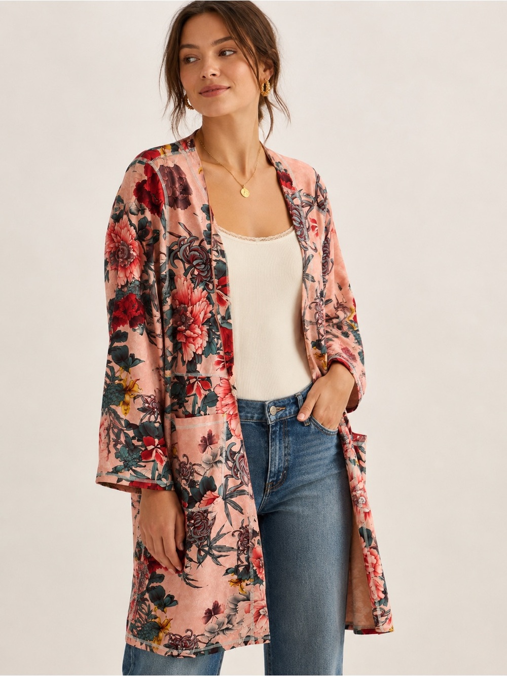 🌺 Solitaire x Anthropology Faux Suede Floral Duster / Kimono